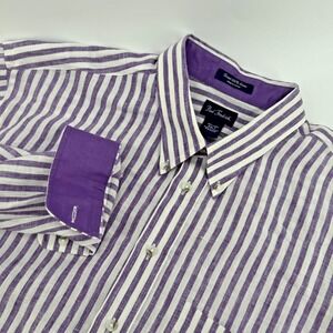 Paul Frederick Men's 2XLT Linen Button Down Shirt Purple Striped Roll‎ Sleeve